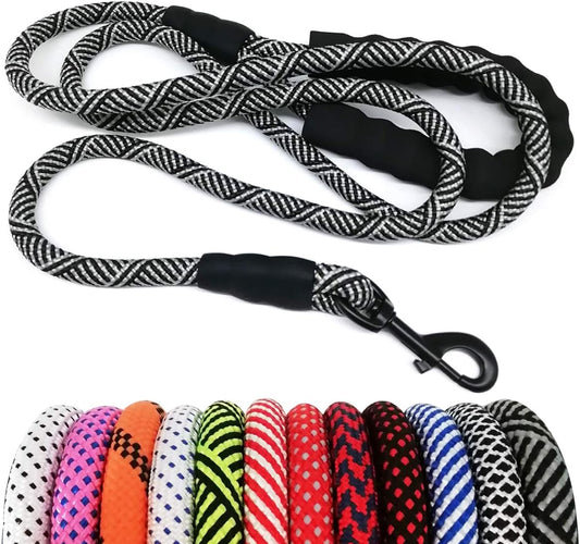 Heavy Duty Rope Dog Leash, 3/4/5/6/7/8/10/12/15 FT Nylon Pet Leash, Soft Padded Handle Thick Lead Leash for Large Medium Dogs Small Puppy Black
