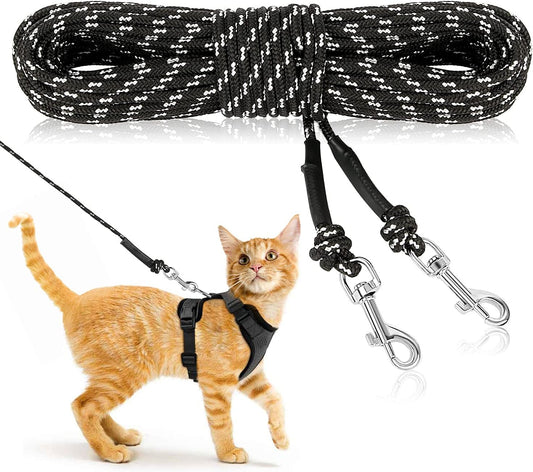 Reflective Cat Long Leash – 15 FT Escape Proof Walking Leads Yard Long Leash Durable Safe Personalized Extender Leash Traning Play Outdoor for Kitten, Puppy, Rabbit and Small Animals Black